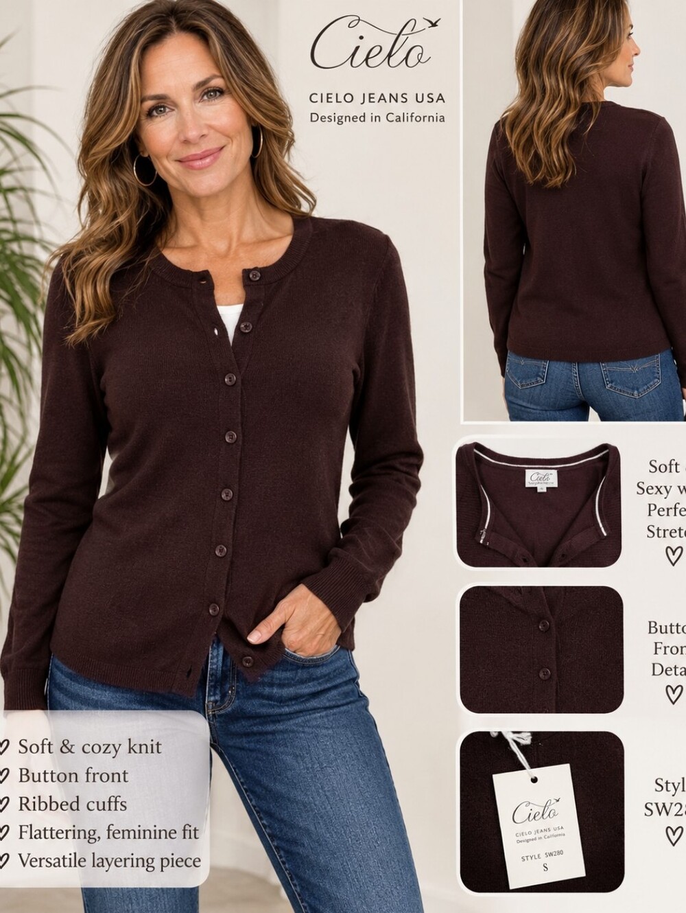 CIELO Jeans USA Dark Brown Knit Cardigan Sweater White Trim Small NWT